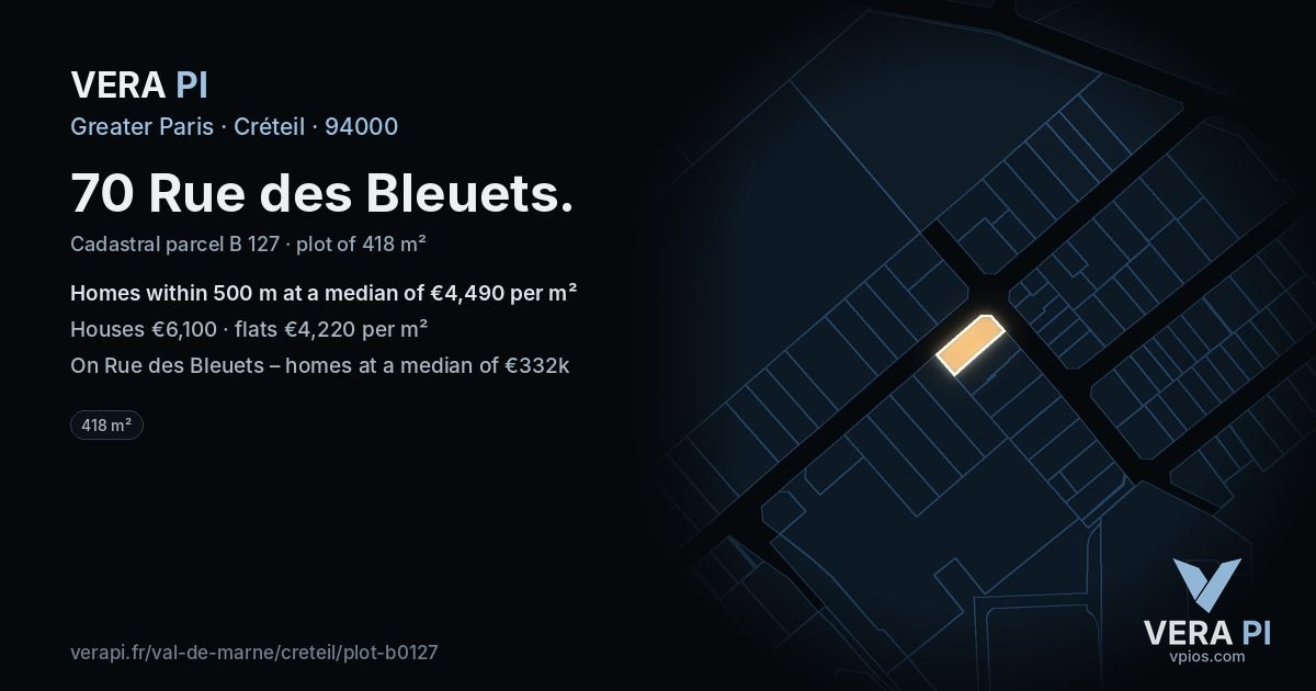 70 Rue des Bleuets, Créteil at night – the plot lit, the parcels around coloured by the prices near them