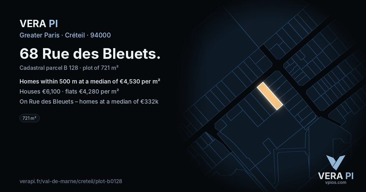 68 Rue des Bleuets, Créteil at night – the plot lit, the parcels around coloured by the prices near them