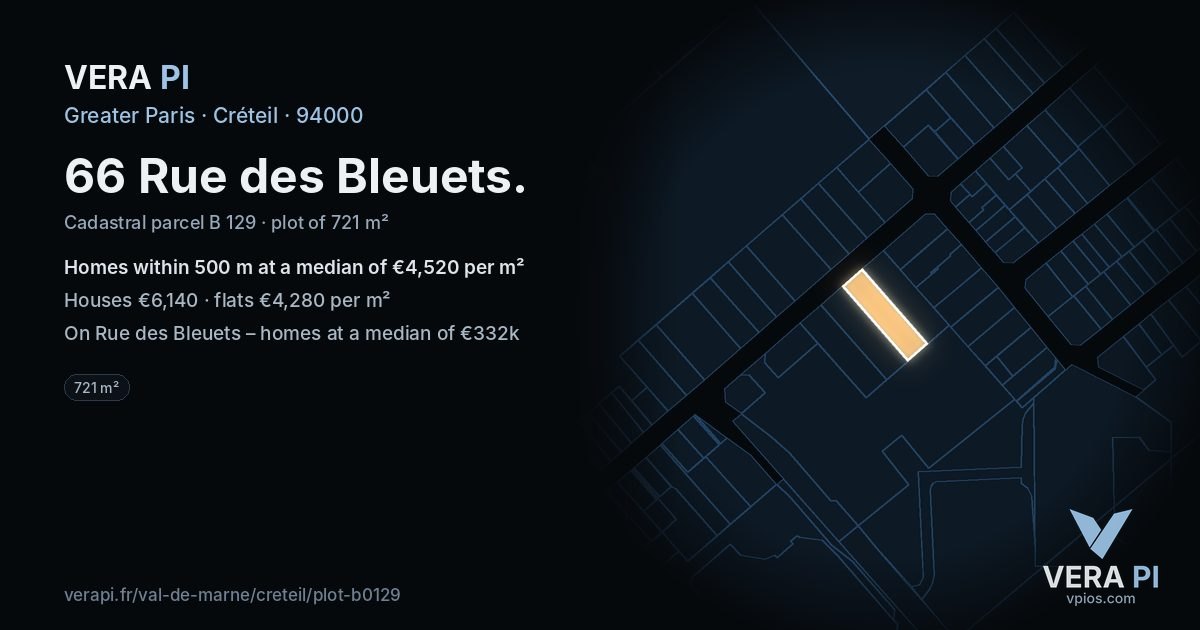 66 Rue des Bleuets, Créteil at night – the plot lit, the parcels around coloured by the prices near them
