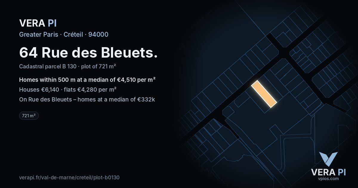 64 Rue des Bleuets, Créteil at night – the plot lit, the parcels around coloured by the prices near them