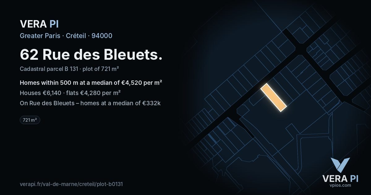 62 Rue des Bleuets, Créteil at night – the plot lit, the parcels around coloured by the prices near them