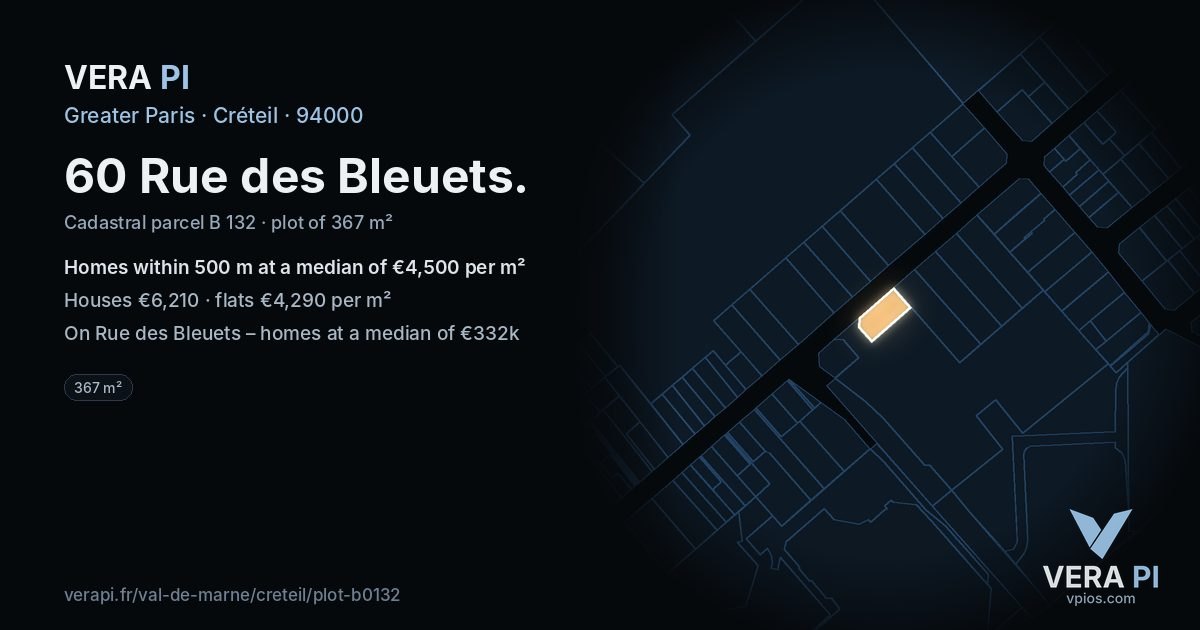 60 Rue des Bleuets, Créteil at night – the plot lit, the parcels around coloured by the prices near them