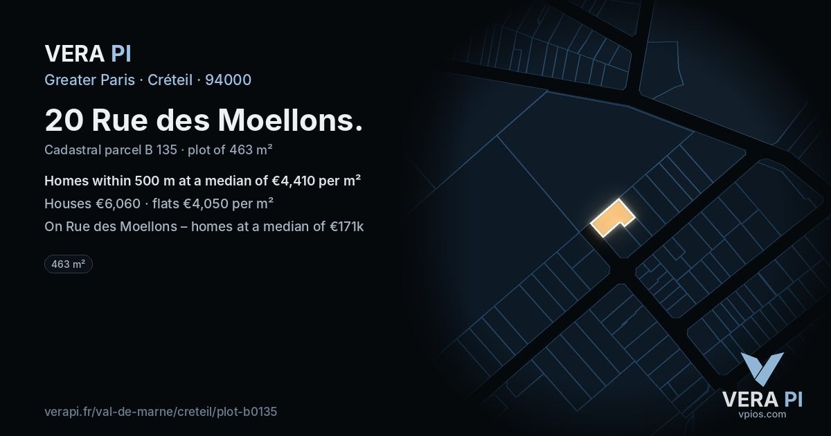 20 Rue des Moellons, Créteil at night – the plot lit, the parcels around coloured by the prices near them