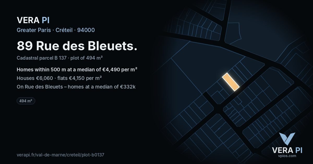 89 Rue des Bleuets, Créteil at night – the plot lit, the parcels around coloured by the prices near them