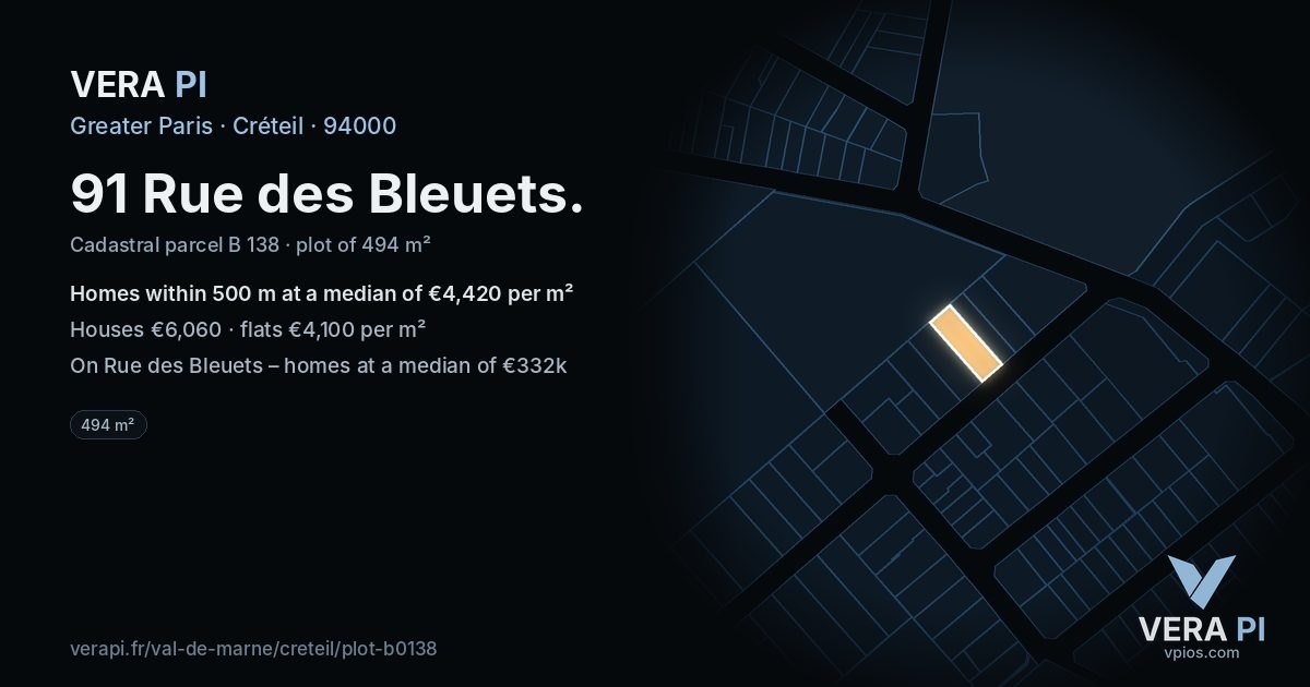 91 Rue des Bleuets, Créteil at night – the plot lit, the parcels around coloured by the prices near them