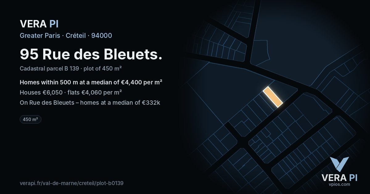 95 Rue des Bleuets, Créteil at night – the plot lit, the parcels around coloured by the prices near them
