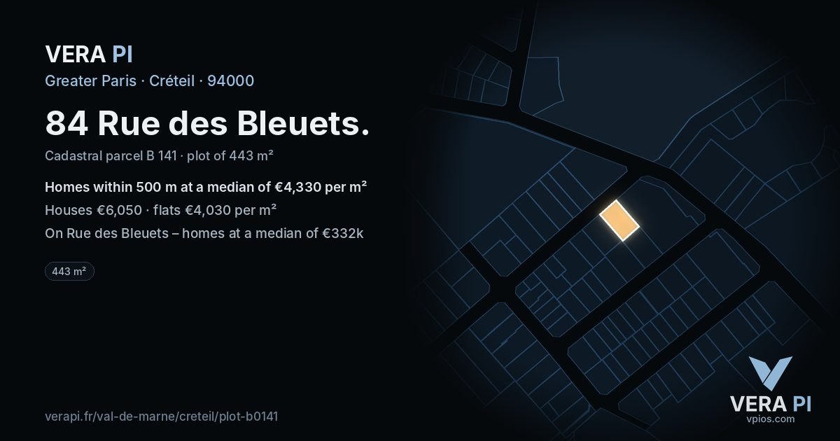 84 Rue des Bleuets, Créteil at night – the plot lit, the parcels around coloured by the prices near them