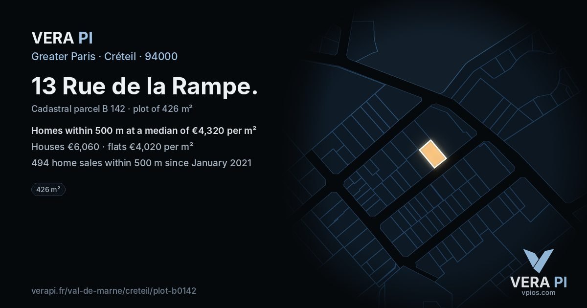13 Rue de la Rampe, Créteil at night – the plot lit, the parcels around coloured by the prices near them