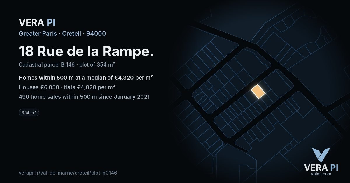 18 Rue de la Rampe, Créteil at night – the plot lit, the parcels around coloured by the prices near them