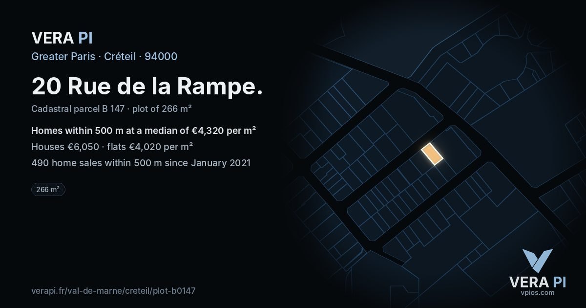 20 Rue de la Rampe, Créteil at night – the plot lit, the parcels around coloured by the prices near them