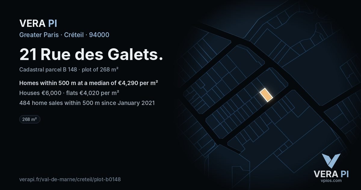 21 Rue des Galets, Créteil at night – the plot lit, the parcels around coloured by the prices near them