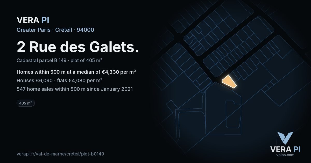 2 Rue des Galets, Créteil at night – the plot lit, the parcels around coloured by the prices near them