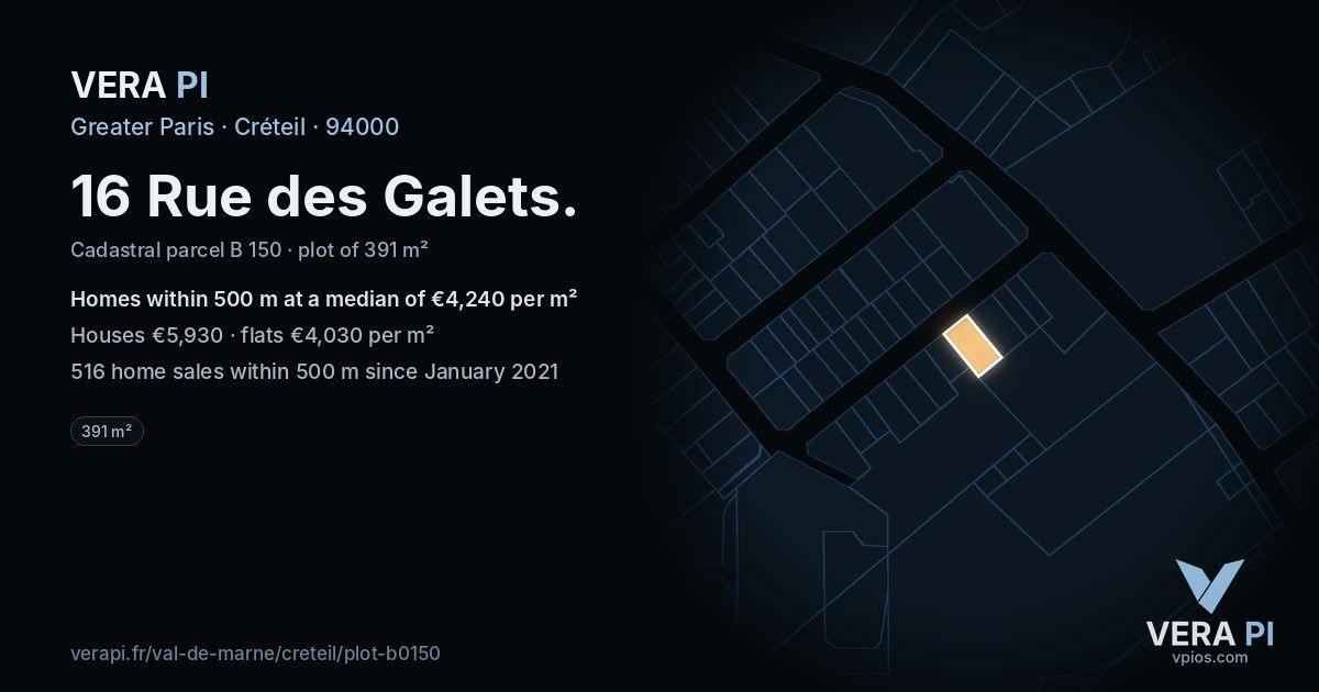 16 Rue des Galets, Créteil at night – the plot lit, the parcels around coloured by the prices near them