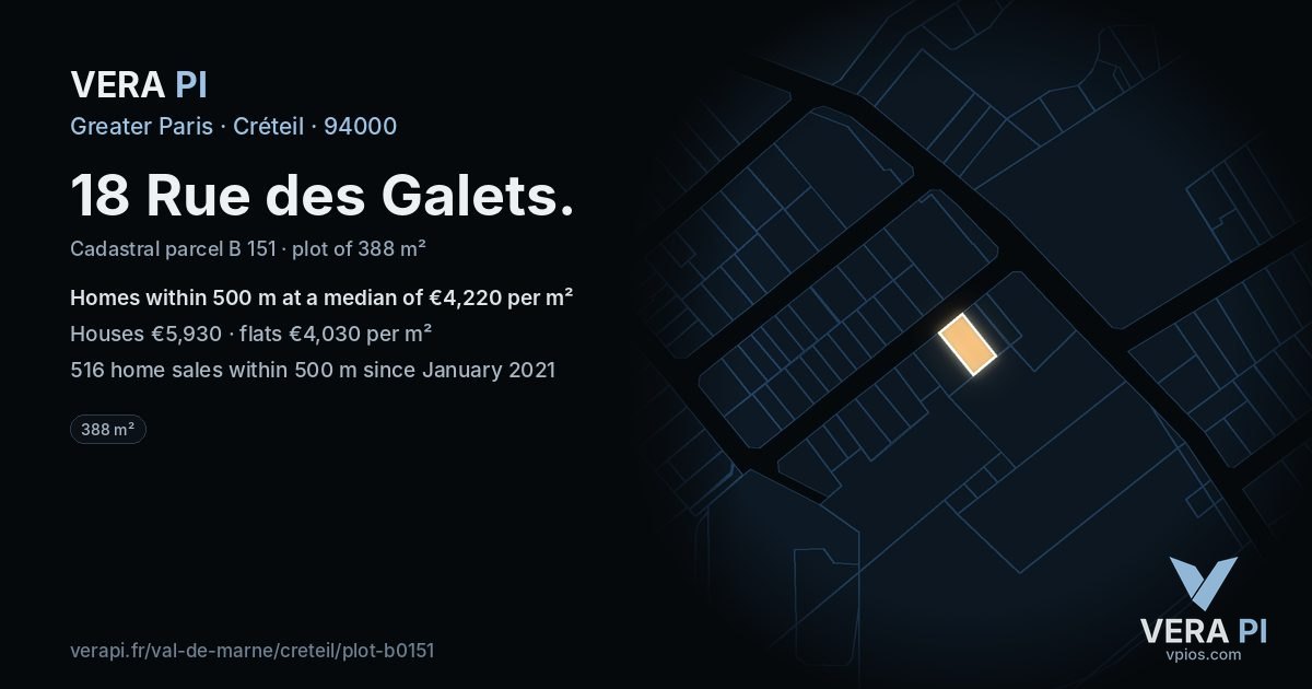 18 Rue des Galets, Créteil at night – the plot lit, the parcels around coloured by the prices near them