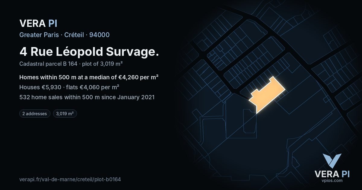 4 Rue Léopold Survage, Créteil at night – the plot lit, the parcels around coloured by the prices near them