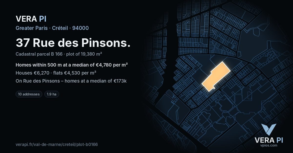 37 Rue des Pinsons, Créteil at night – the plot lit, the parcels around coloured by the prices near them