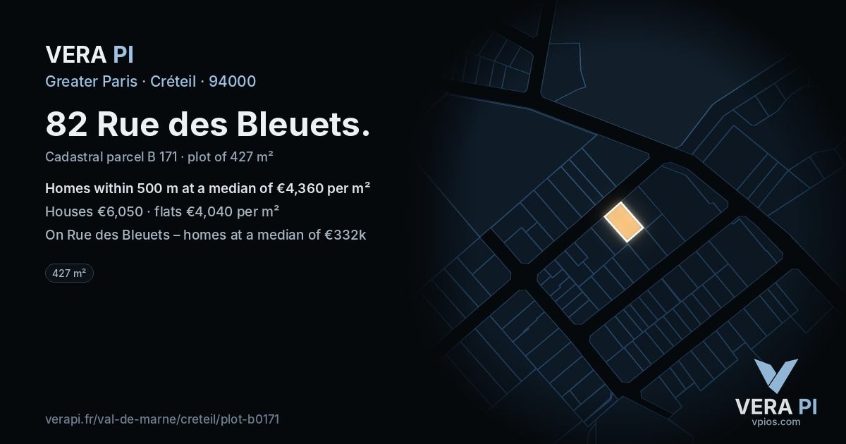 82 Rue des Bleuets, Créteil at night – the plot lit, the parcels around coloured by the prices near them