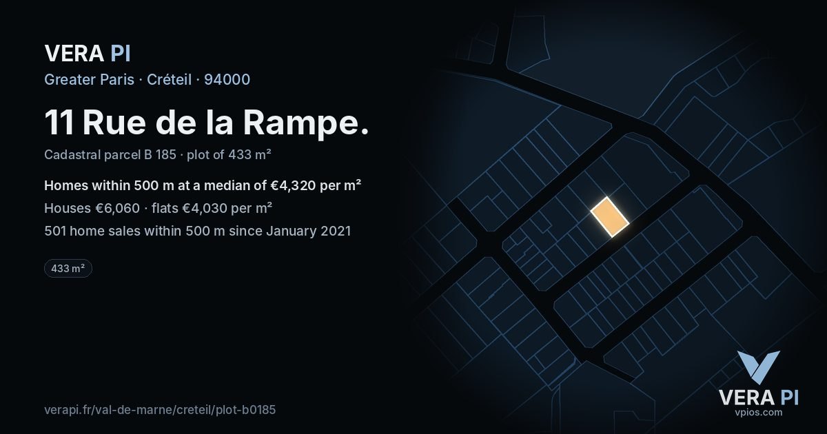 11 Rue de la Rampe, Créteil at night – the plot lit, the parcels around coloured by the prices near them