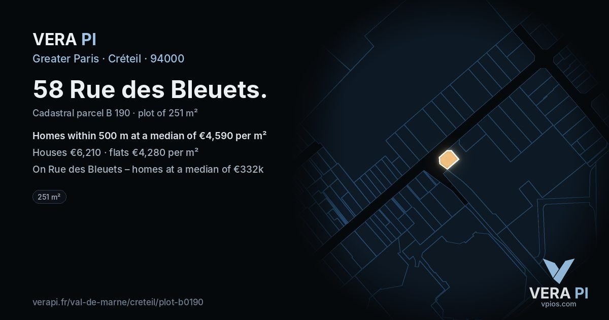 58 Rue des Bleuets, Créteil at night – the plot lit, the parcels around coloured by the prices near them