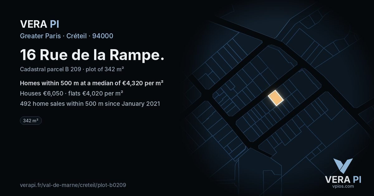 16 Rue de la Rampe, Créteil at night – the plot lit, the parcels around coloured by the prices near them