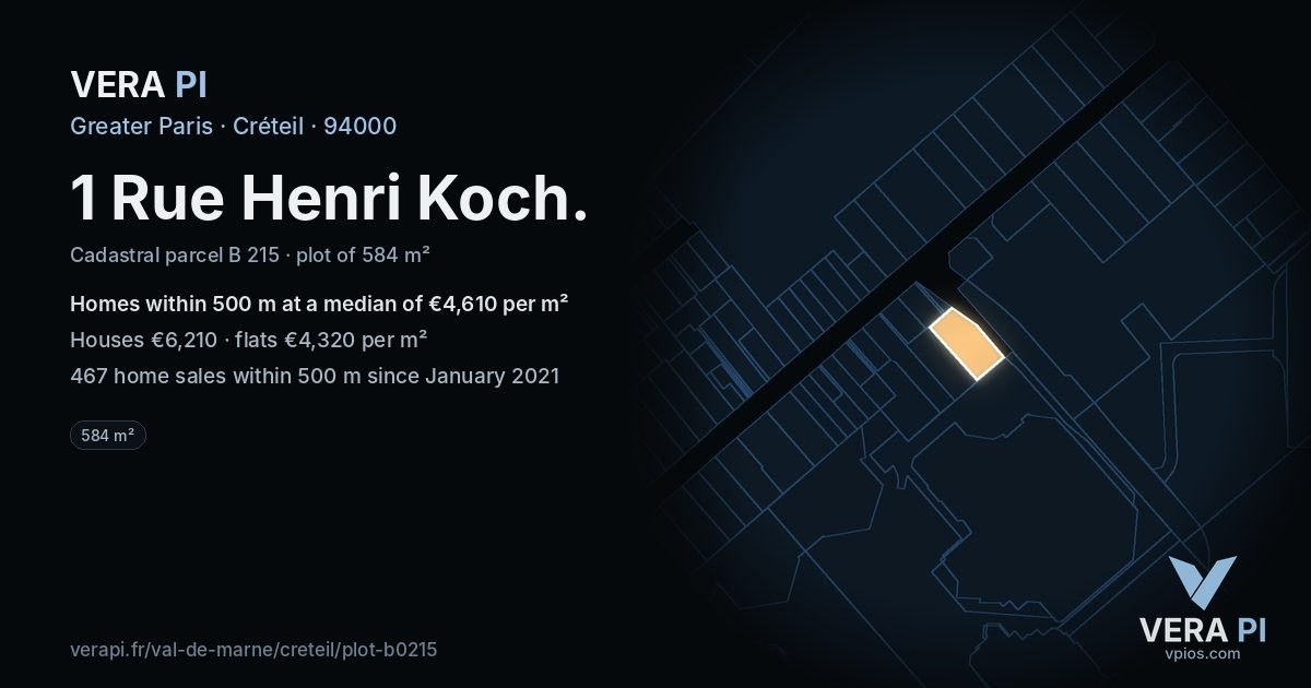 1 Rue Henri Koch, Créteil at night – the plot lit, the parcels around coloured by the prices near them