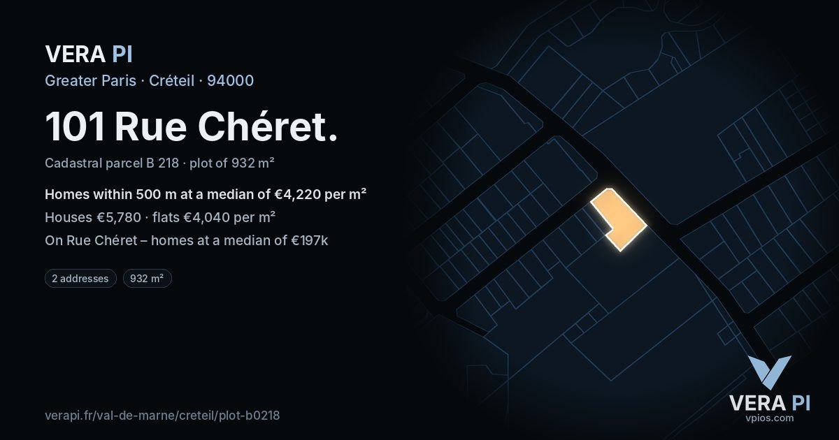 101 Rue Chéret, Créteil at night – the plot lit, the parcels around coloured by the prices near them