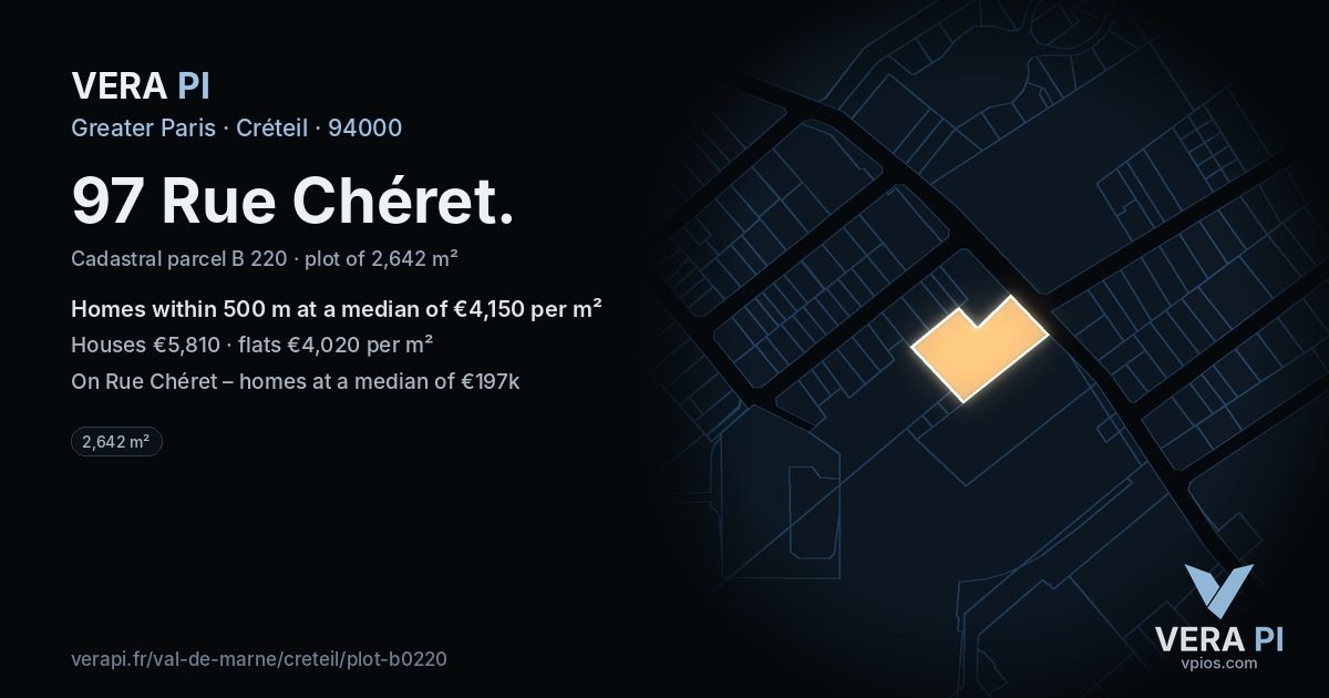 97 Rue Chéret, Créteil at night – the plot lit, the parcels around coloured by the prices near them