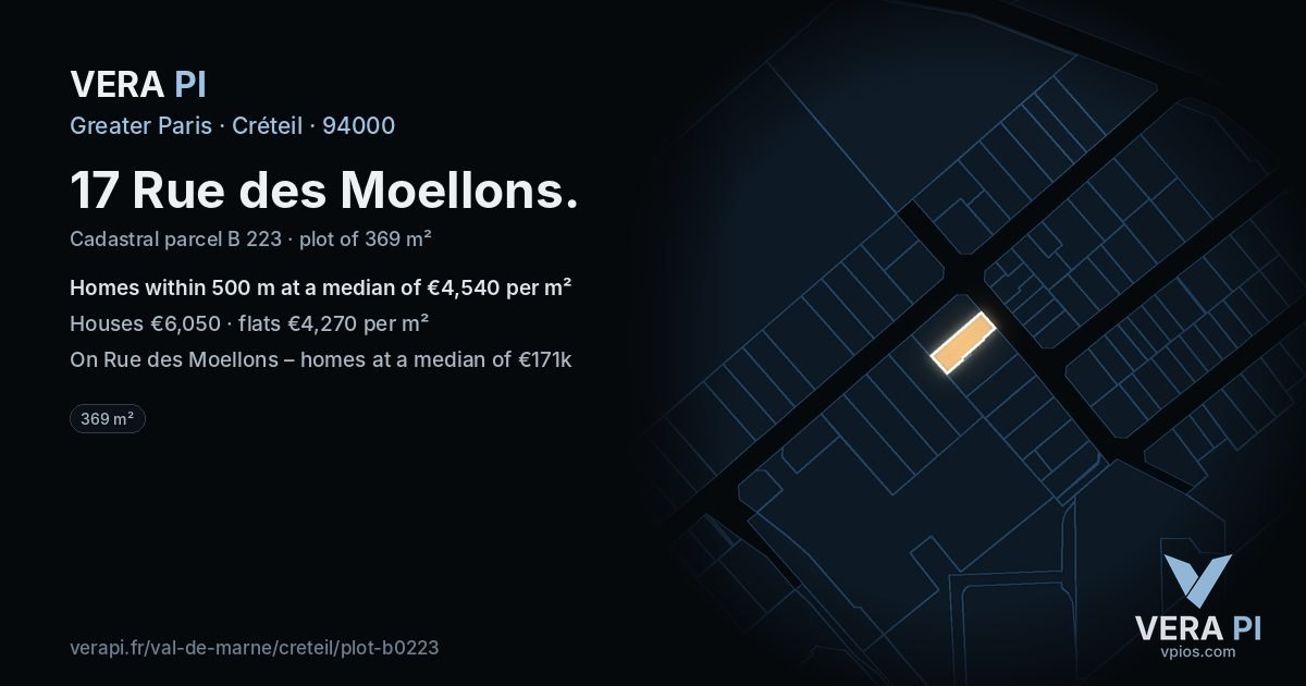 17 Rue des Moellons, Créteil at night – the plot lit, the parcels around coloured by the prices near them
