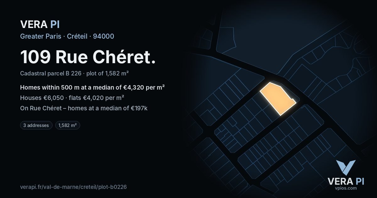 109 Rue Chéret, Créteil at night – the plot lit, the parcels around coloured by the prices near them