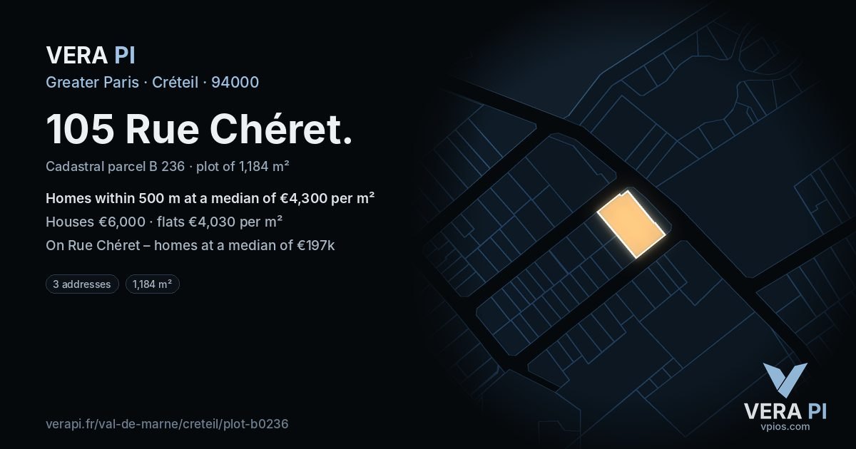 105 Rue Chéret, Créteil at night – the plot lit, the parcels around coloured by the prices near them