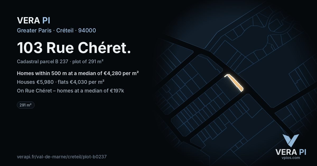 103 Rue Chéret, Créteil at night – the plot lit, the parcels around coloured by the prices near them