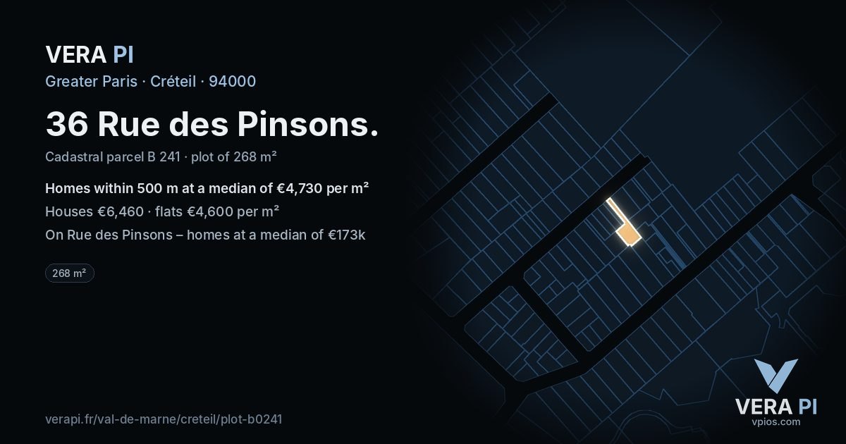 36 Rue des Pinsons, Créteil at night – the plot lit, the parcels around coloured by the prices near them