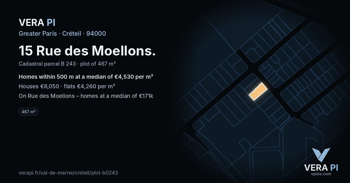15 Rue des Moellons, Créteil at night – the plot lit, the parcels around coloured by the prices near them