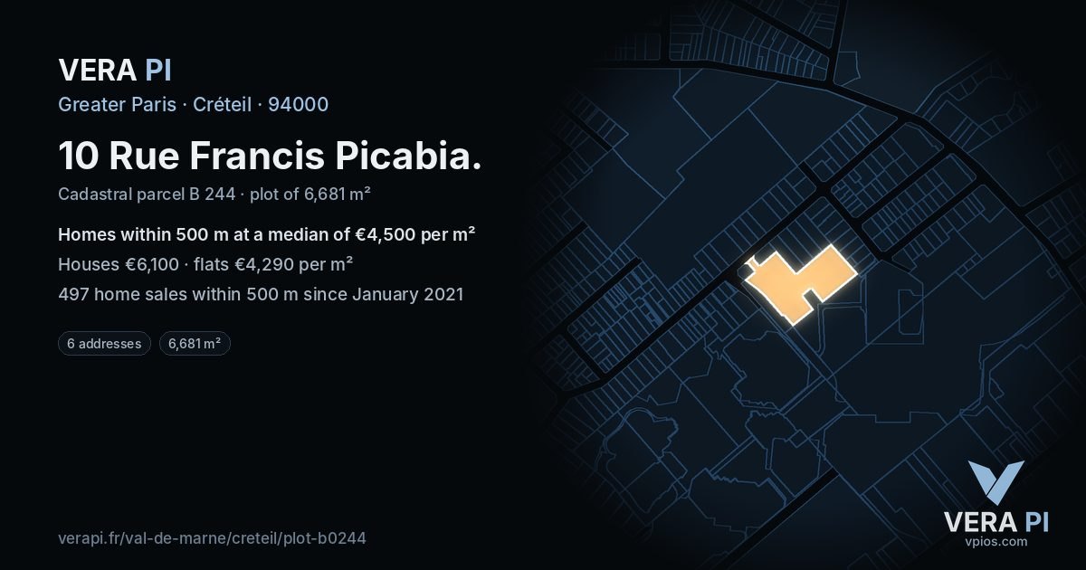 10 Rue Francis Picabia, Créteil at night – the plot lit, the parcels around coloured by the prices near them