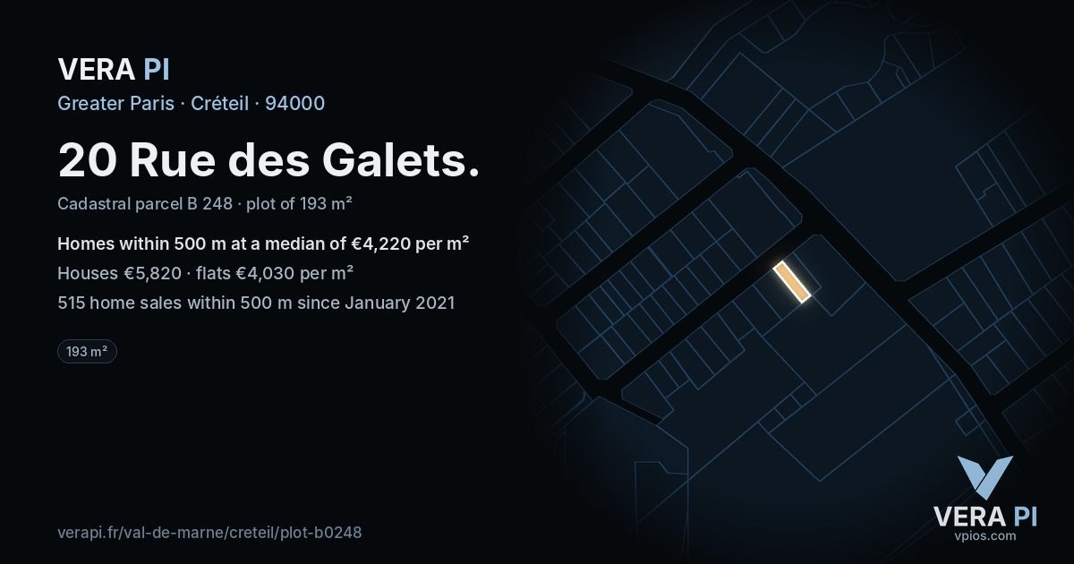 20 Rue des Galets, Créteil at night – the plot lit, the parcels around coloured by the prices near them