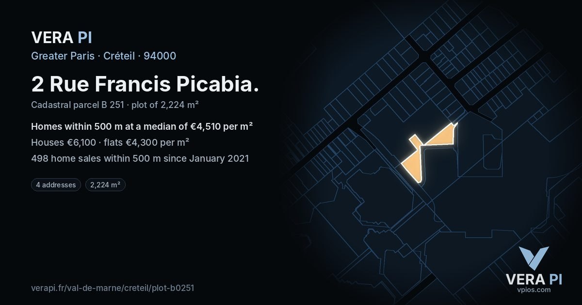2 Rue Francis Picabia, Créteil at night – the plot lit, the parcels around coloured by the prices near them