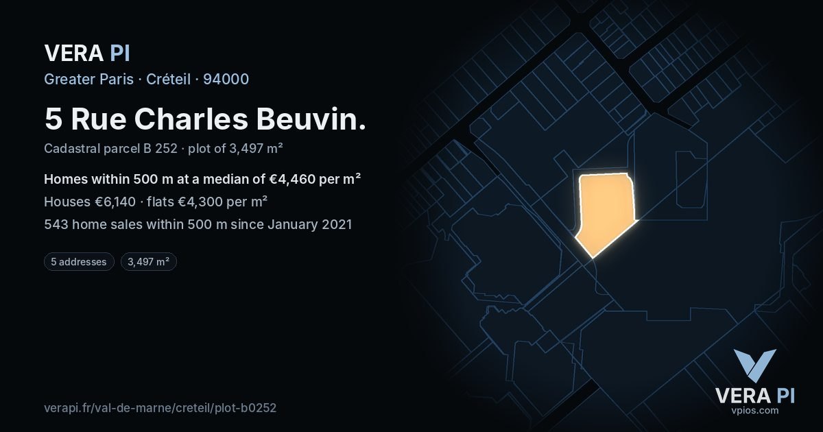 5 Rue Charles Beuvin, Créteil at night – the plot lit, the parcels around coloured by the prices near them
