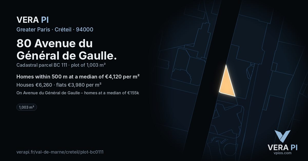 80 Avenue du Général de Gaulle, Créteil at night – the plot lit, the parcels around coloured by the prices near them