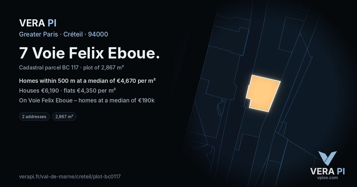 7 Voie Felix Eboue, Créteil at night – the plot lit, the parcels around coloured by the prices near them