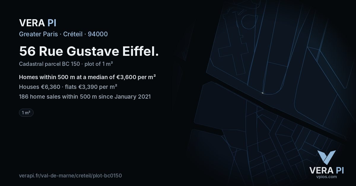 56 Rue Gustave Eiffel, Créteil at night – the plot lit, the parcels around coloured by the prices near them
