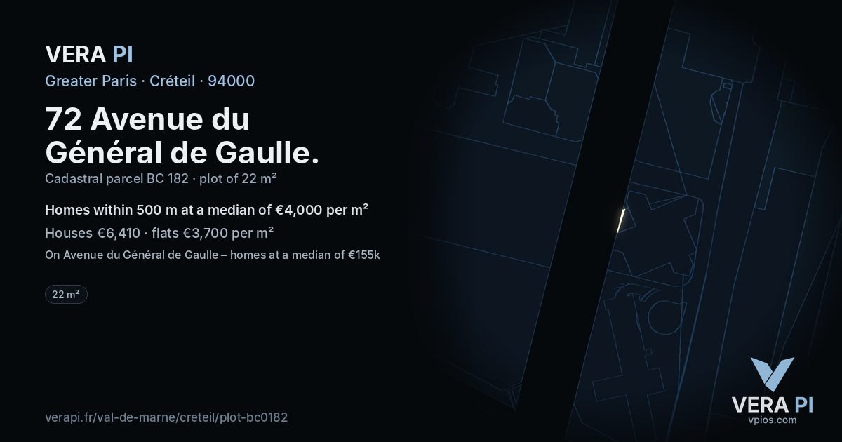 72 Avenue du Général de Gaulle, Créteil at night – the plot lit, the parcels around coloured by the prices near them
