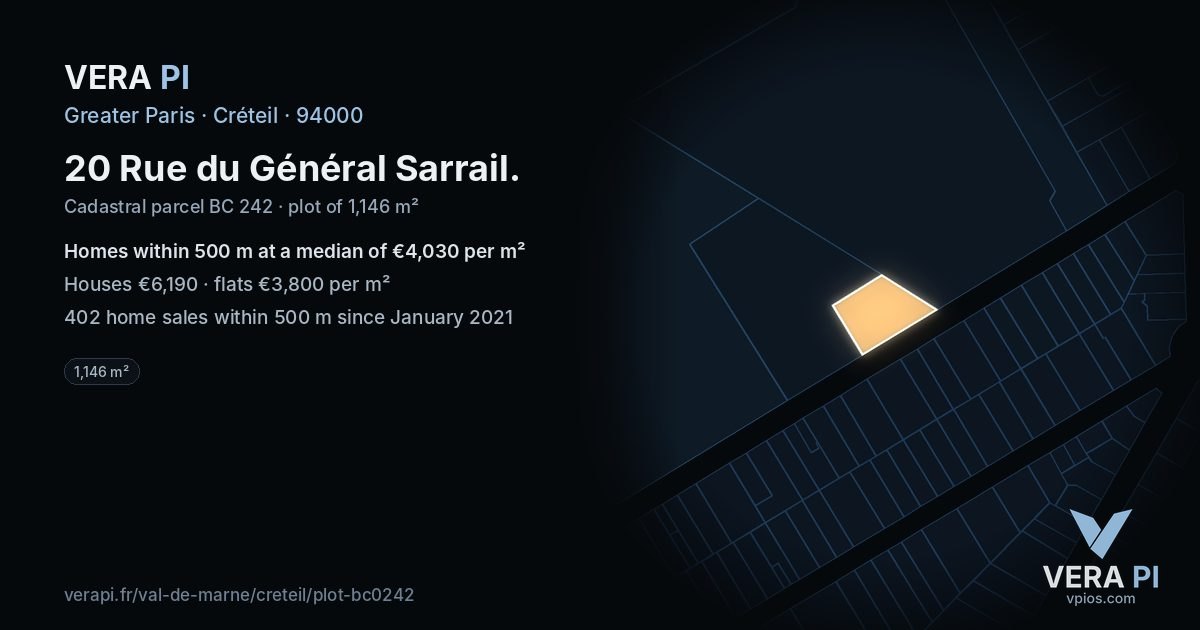 20 Rue du Général Sarrail, Créteil at night – the plot lit, the parcels around coloured by the prices near them