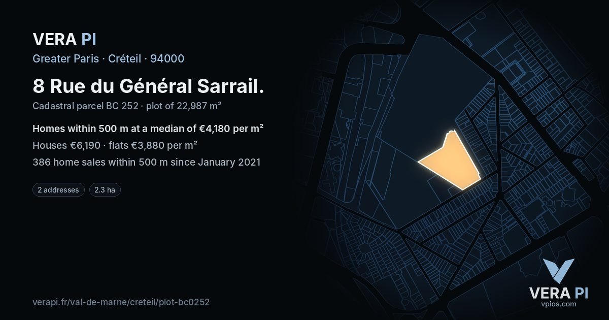8 Rue du Général Sarrail, Créteil at night – the plot lit, the parcels around coloured by the prices near them