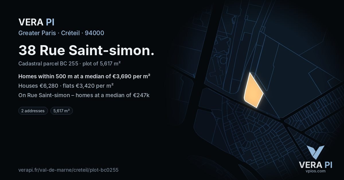 38 Rue Saint-simon, Créteil at night – the plot lit, the parcels around coloured by the prices near them