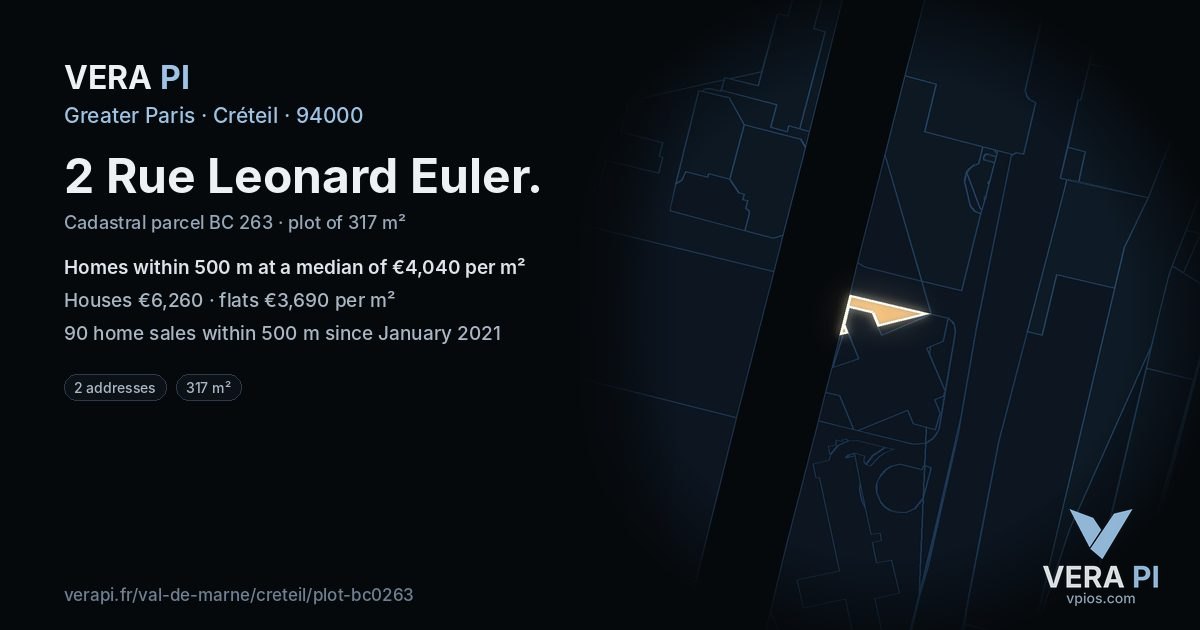 2 Rue Leonard Euler, Créteil at night – the plot lit, the parcels around coloured by the prices near them