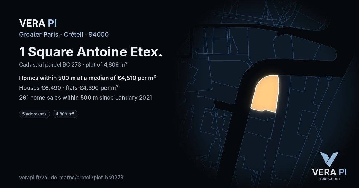 1 Square Antoine Etex, Créteil at night – the plot lit, the parcels around coloured by the prices near them