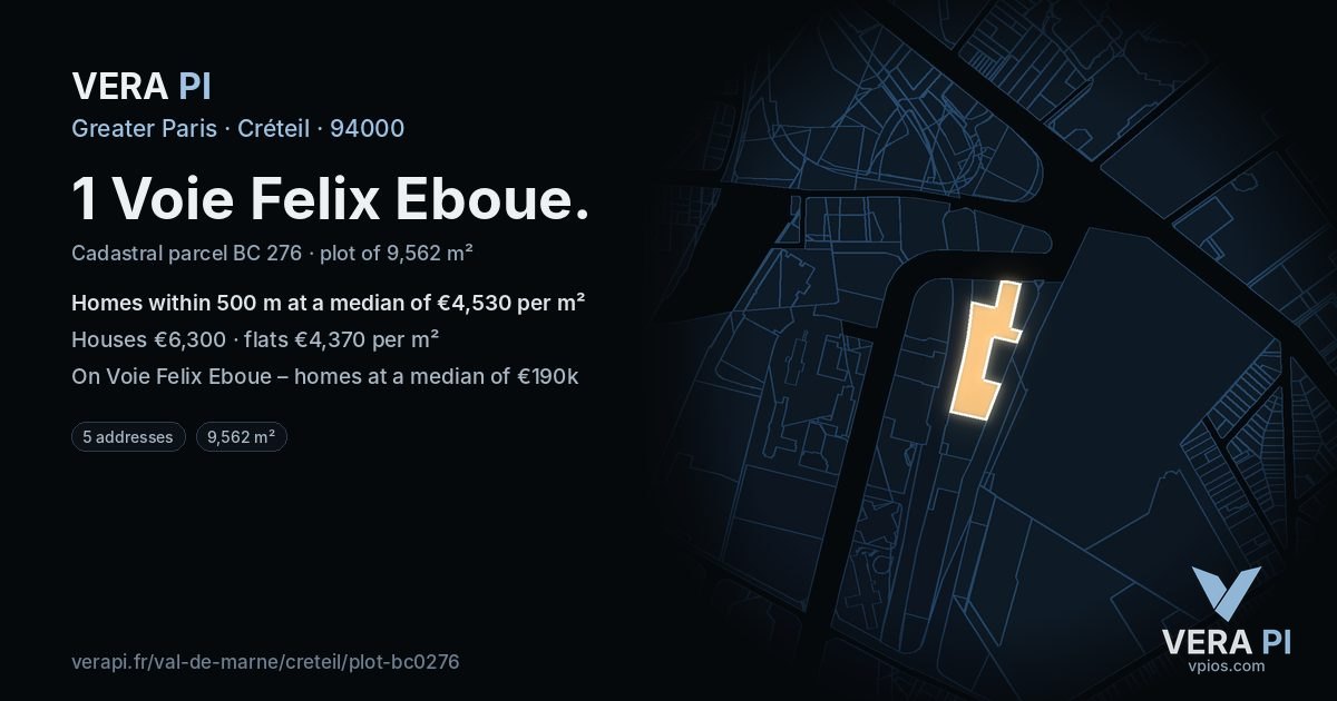1 Voie Felix Eboue, Créteil at night – the plot lit, the parcels around coloured by the prices near them
