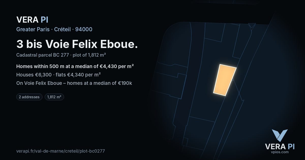 3 bis Voie Felix Eboue, Créteil at night – the plot lit, the parcels around coloured by the prices near them