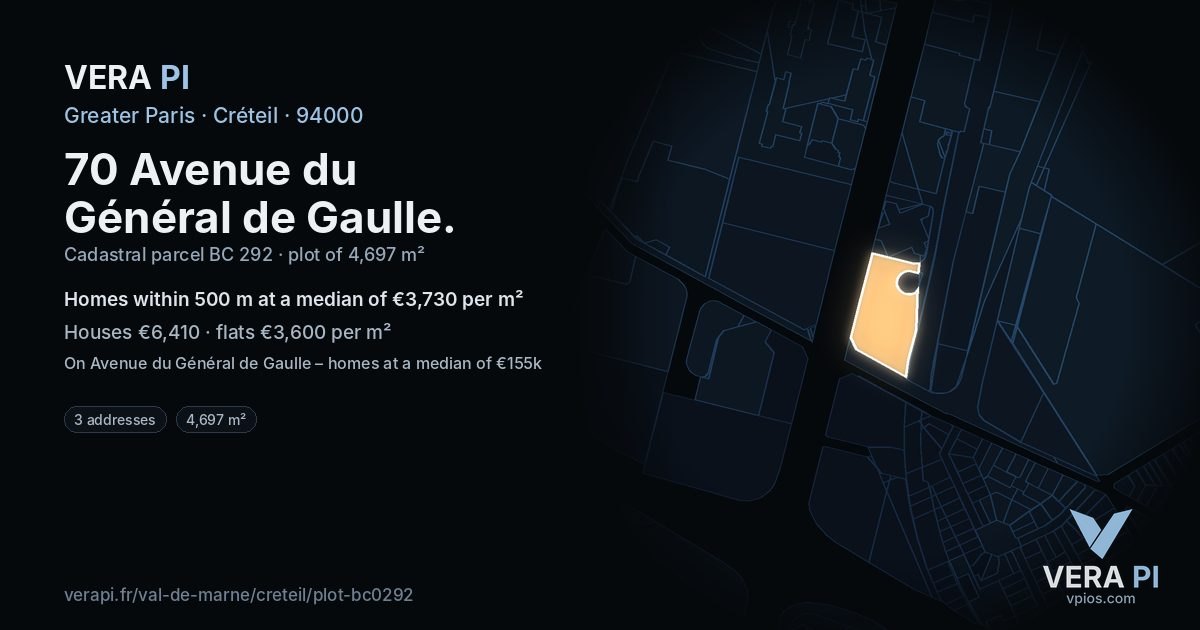 70 Avenue du Général de Gaulle, Créteil at night – the plot lit, the parcels around coloured by the prices near them