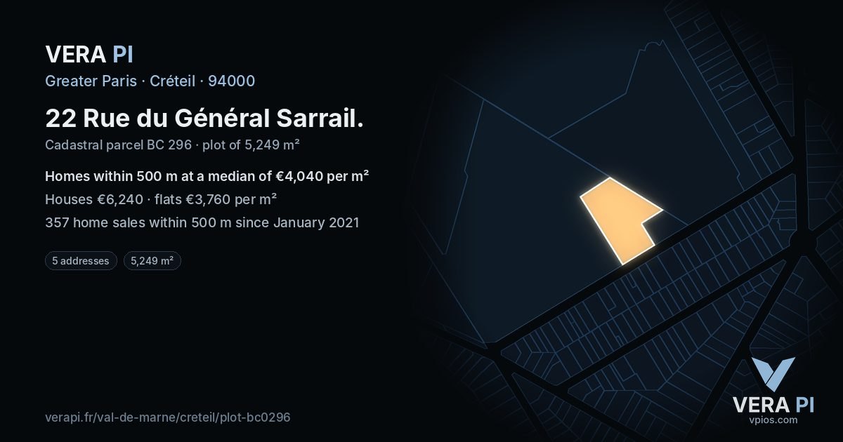 22 Rue du Général Sarrail, Créteil at night – the plot lit, the parcels around coloured by the prices near them